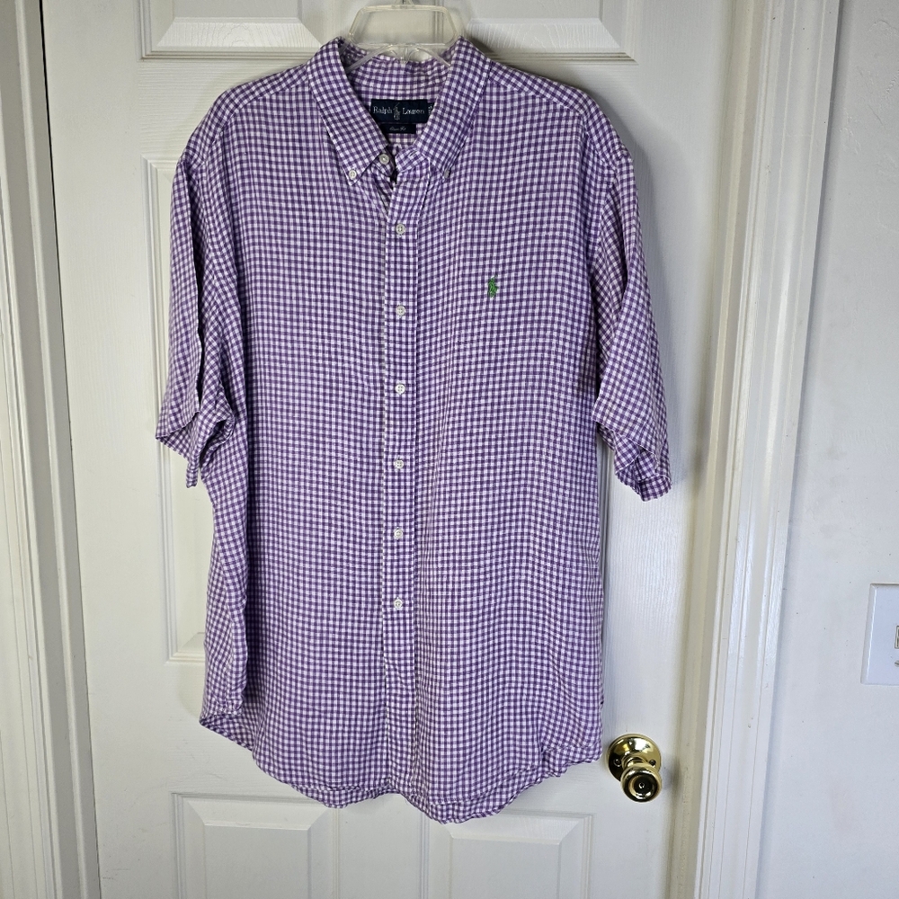 Ralph Lauren Purple Check Button Down‎ LINEN Men's Shirt XXL